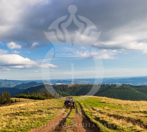 Panoramic view of UTV on the top of Carpathian Mountains